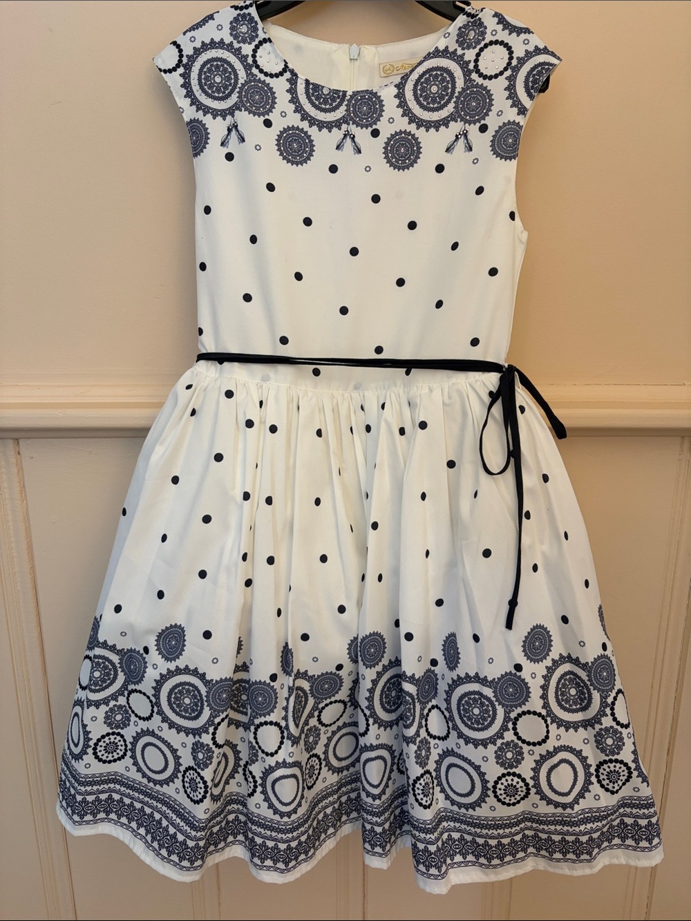 Girls White and Navy Polka Dot Border Print Dress